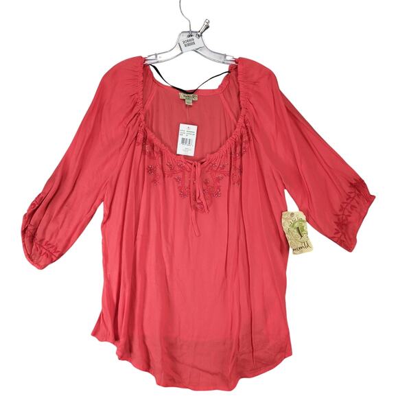 NWT One World Coral Peasant Blouse Top Women's Plus Size 2X Rhinestone Puff Slv - Picture 1 of 10